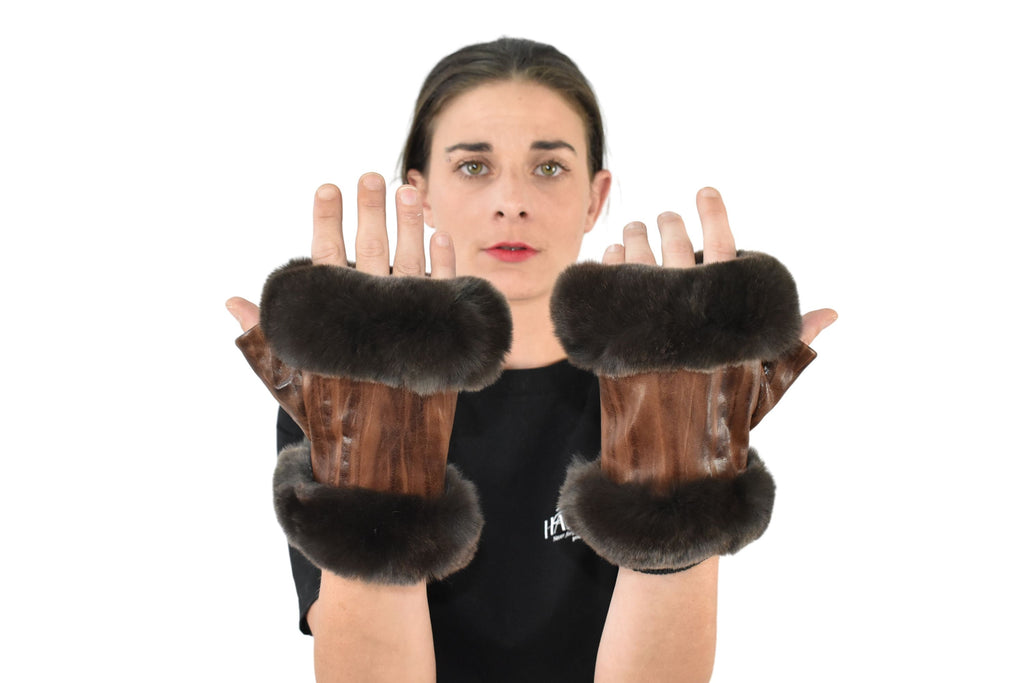 Brown Leather Fingerless Gloves | Geniune Leather Gloves | Warm & Cozy Winter Gift for Her