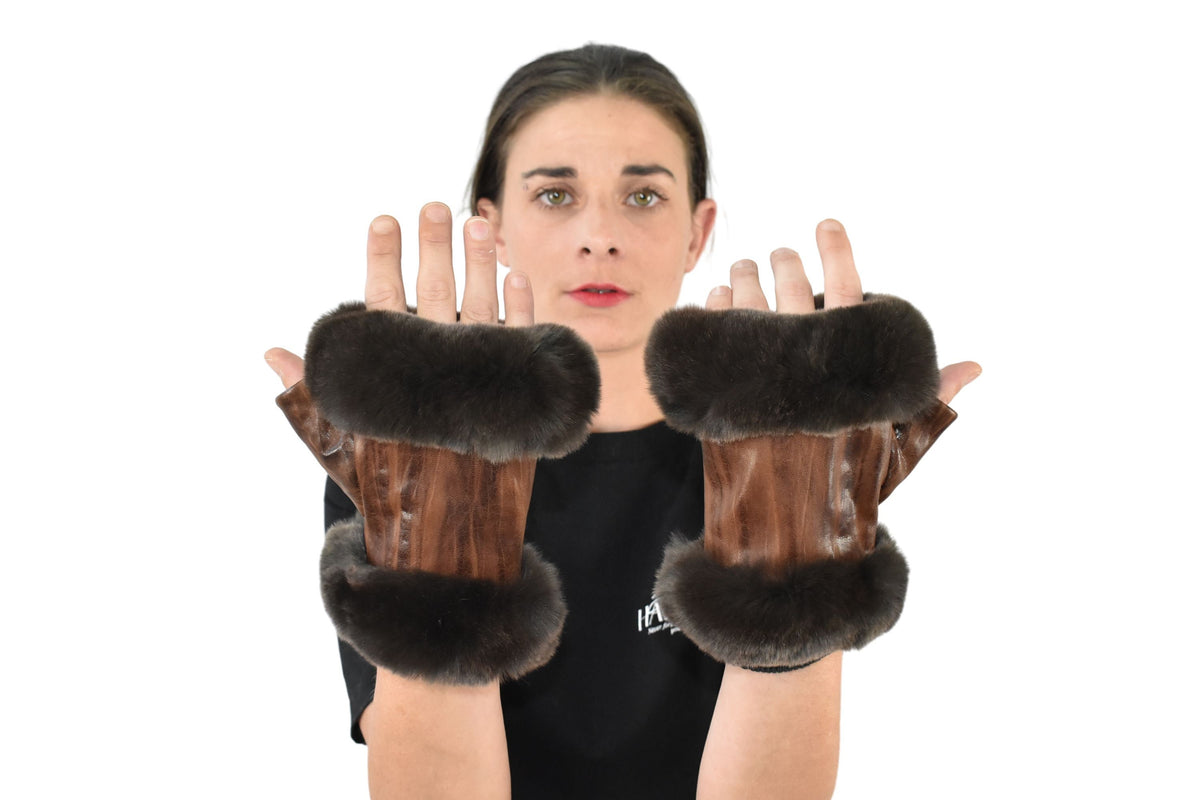 Brown Leather Fingerless Gloves | Geniune Leather Gloves | Warm & Cozy Winter Gift for Her