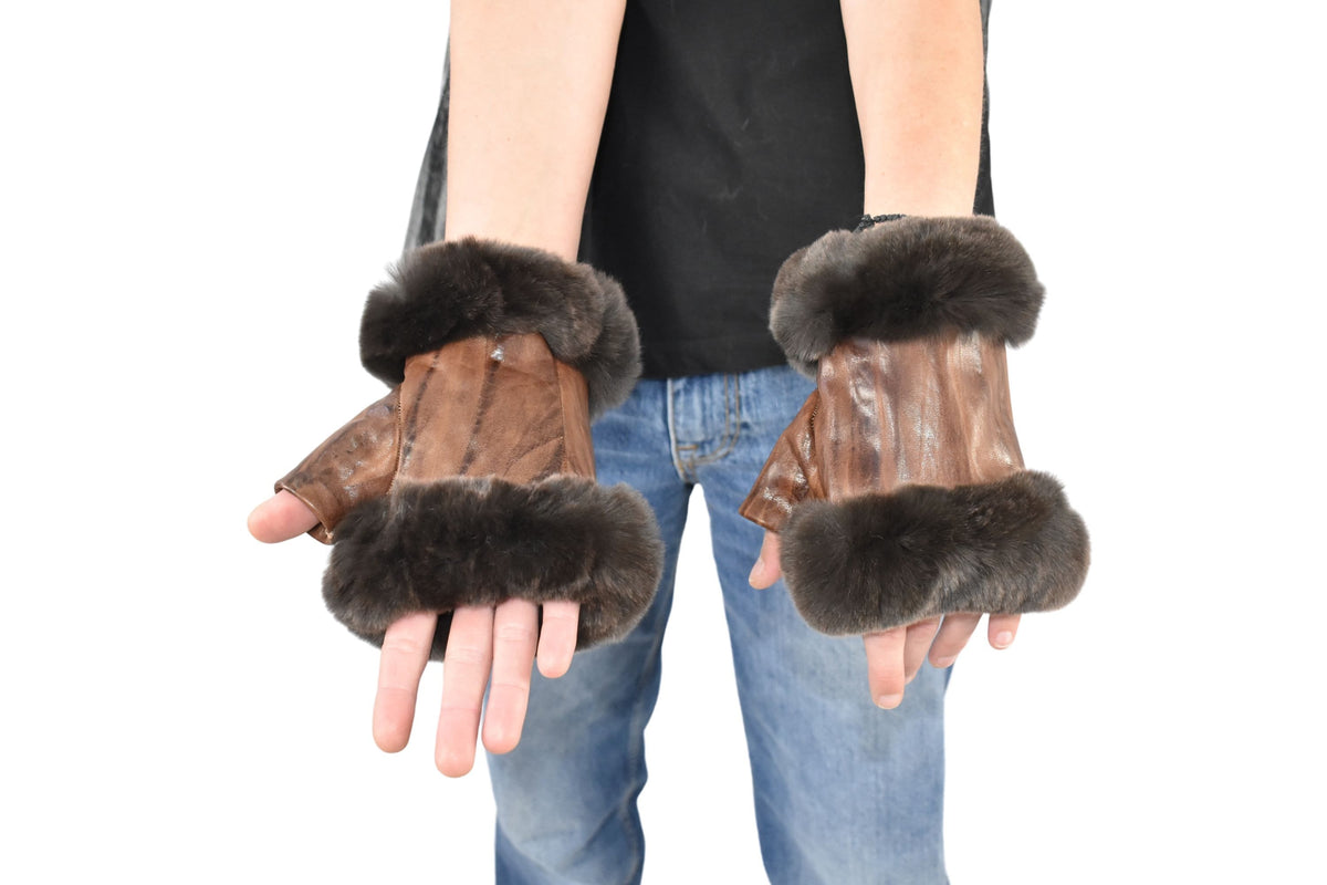 Brown Leather Fingerless Gloves | Geniune Leather Gloves | Warm & Cozy Winter Gift for Her