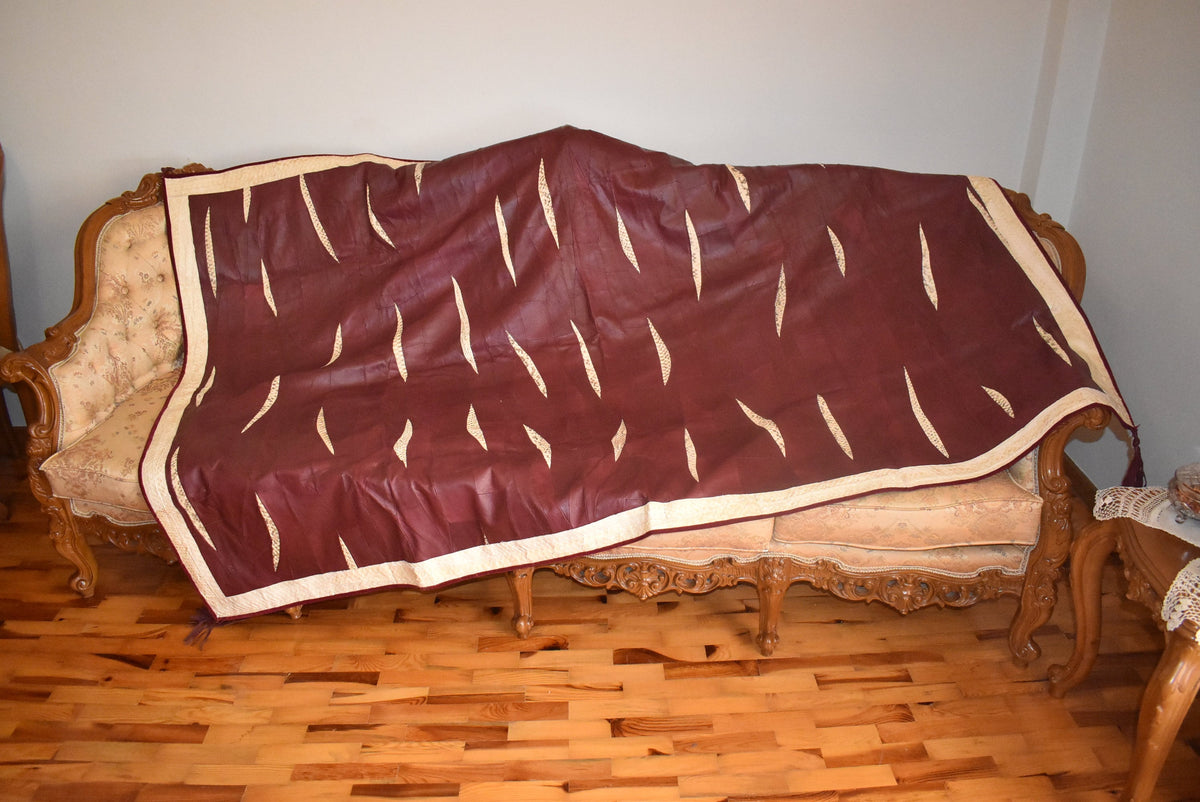 Leather Sofa Throw | Bordeaux  Leather Blanket | handmade Sofa Slipcover | Sofa Cover | leather With Fur Sofa Cover Throw