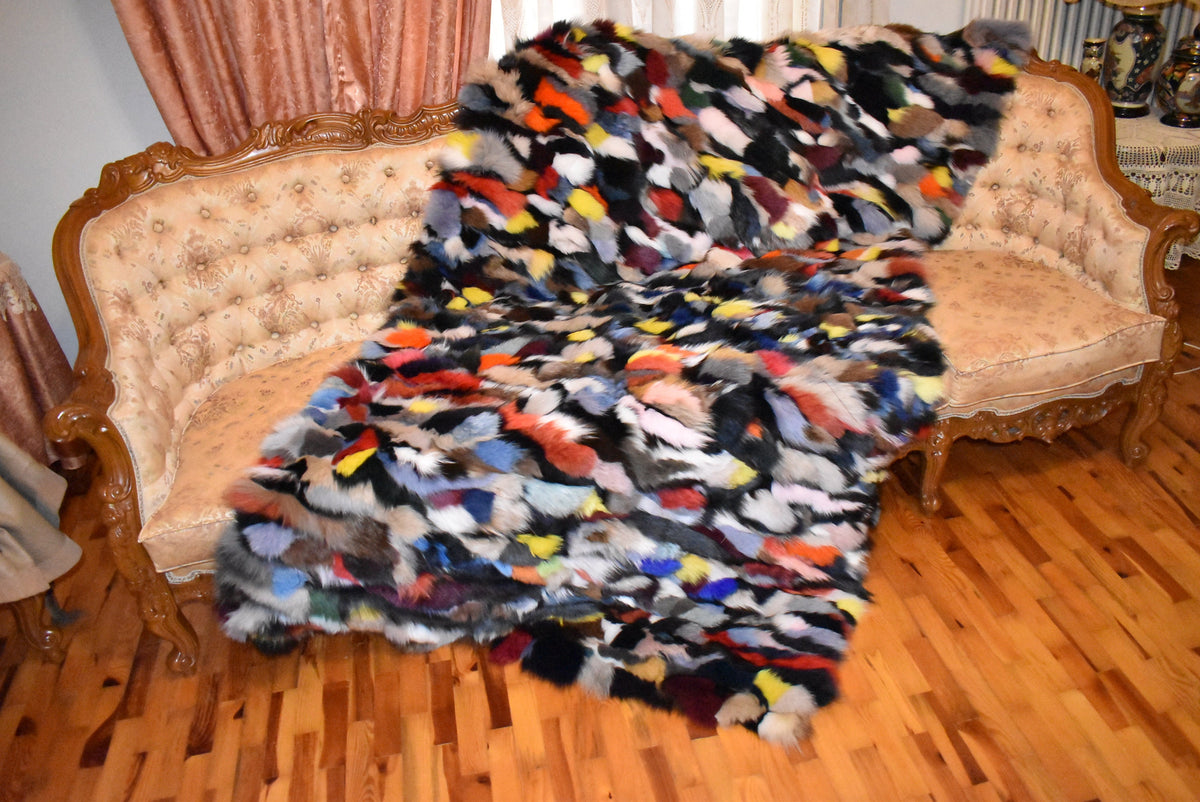 Multicolor Fur Blanket | Fox Fur Throw | Fur Throw bedspread | Sofa throw  | 100% HANDMADE | Home Decor