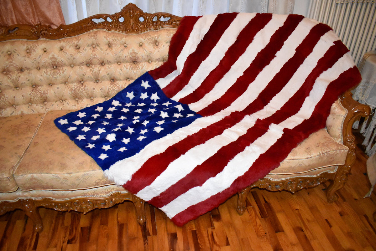 Fur  Blanket of USA Flag | Rex  rabbit Fur Throw | Sofa Throw Cover of the american flag desing | Handmade Fur blanket