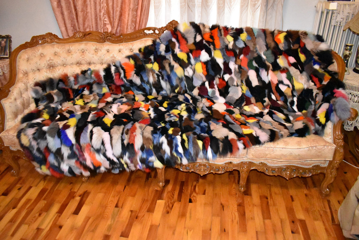 Multicolor Fur Blanket | Fox Fur Throw | Fur Throw bedspread | Sofa throw  | 100% HANDMADE | Home Decor