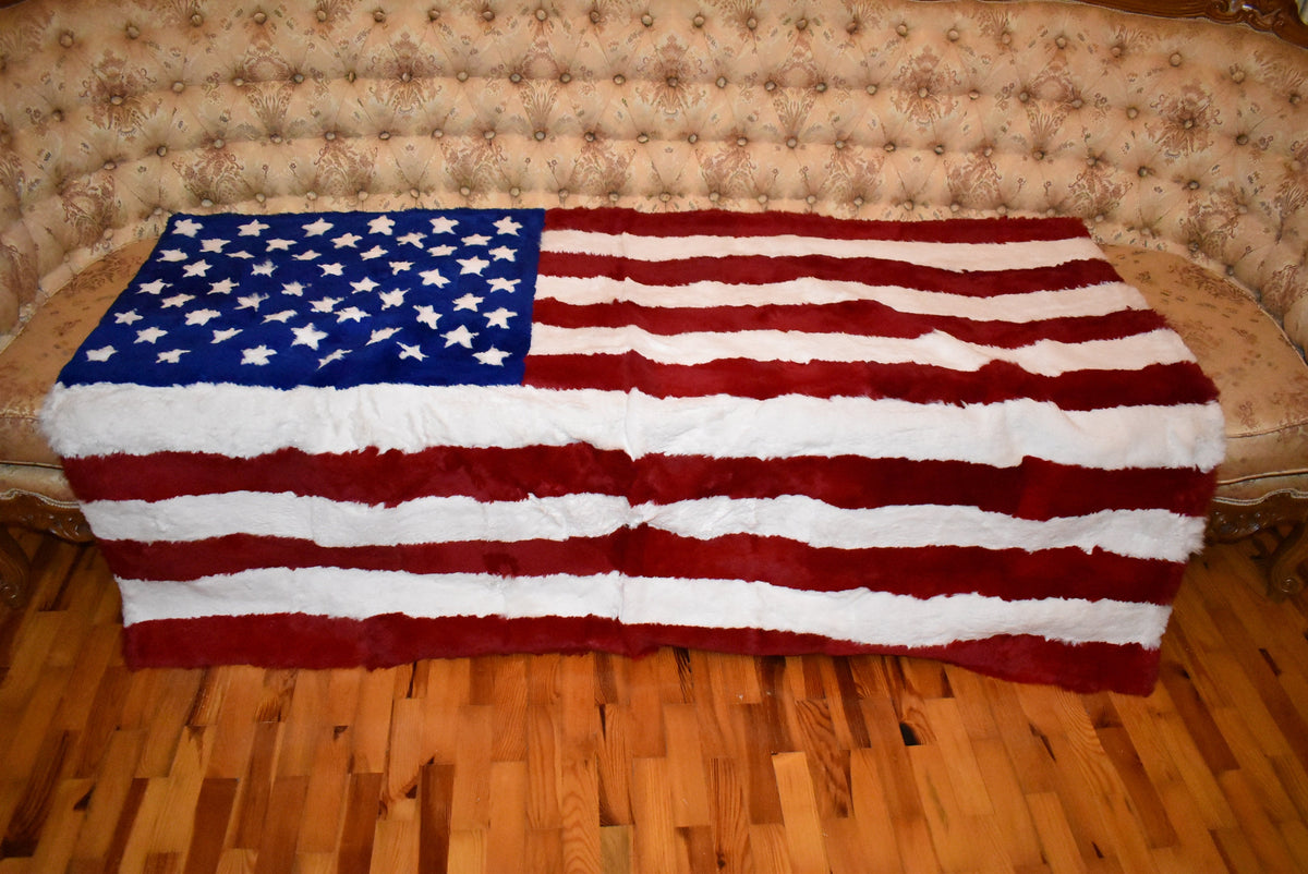 Fur  Blanket of USA Flag | Rex  rabbit Fur Throw | Sofa Throw Cover of the american flag desing | Handmade Fur blanket