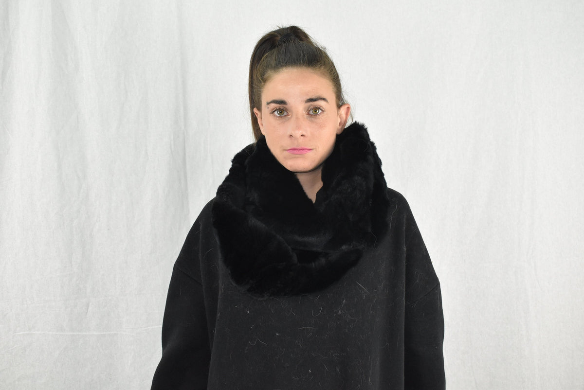 Handmade Black Rex Rabbit Fur Scarf (170x13 cm)