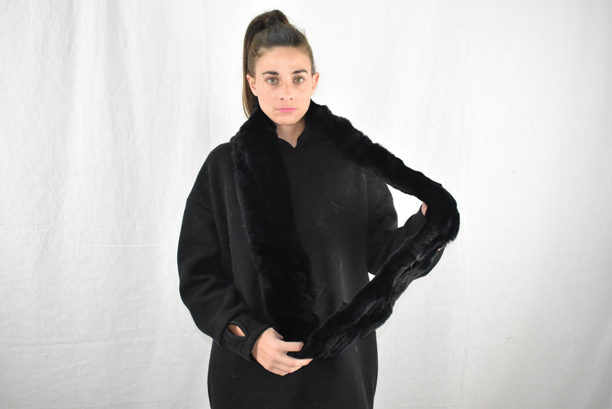Handmade Black Rex Rabbit Fur Scarf (170x13 cm)