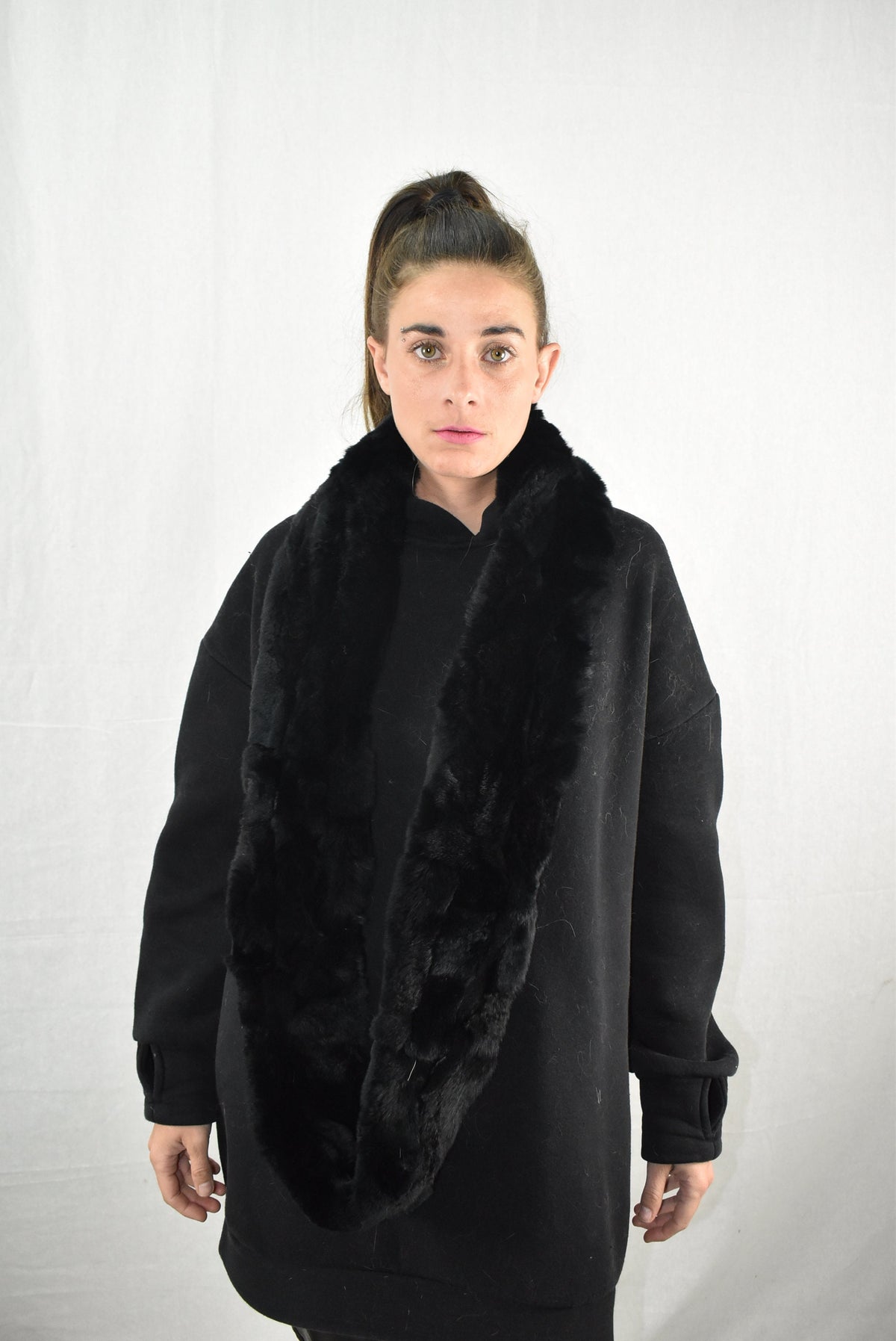 Handmade Black Rex Rabbit Fur Scarf (170x13 cm)