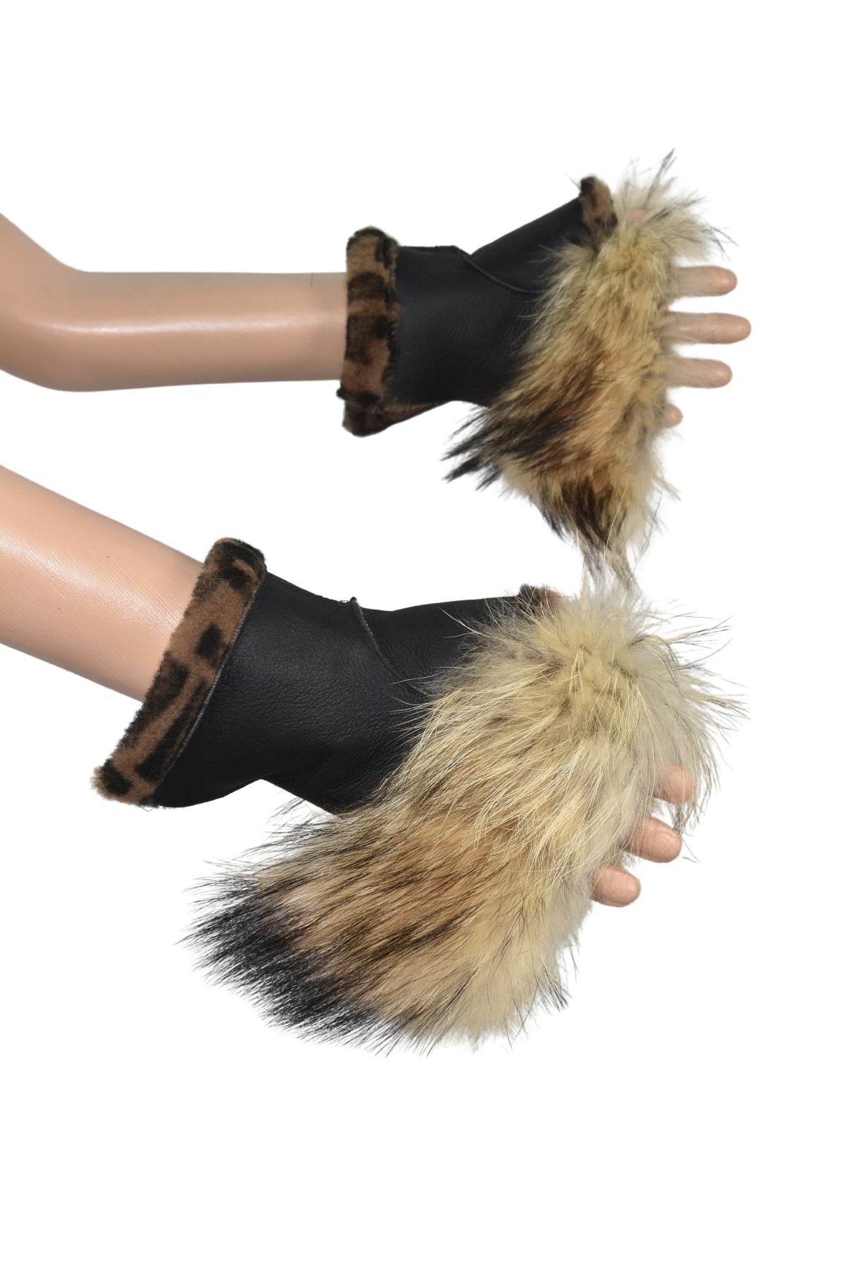 Fingerless  Sheepskin gloves,Shearlings gloves with fox fur, Sheepskin fur Gloves, leather gloves