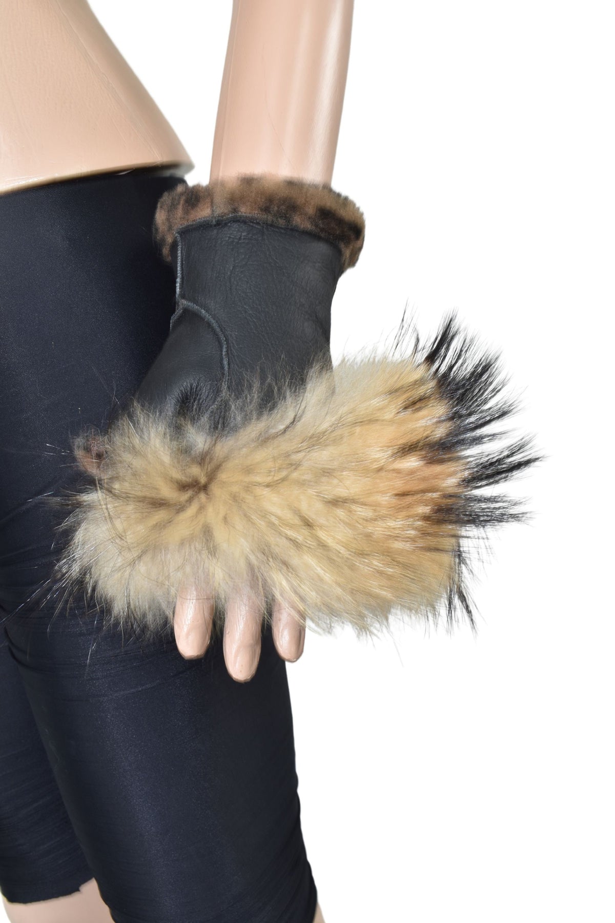 Fingerless  Sheepskin gloves,Shearlings gloves with fox fur, Sheepskin fur Gloves, leather gloves