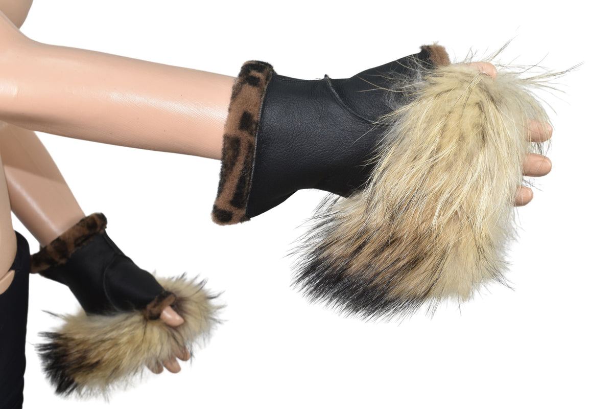 Fingerless  Sheepskin gloves,Shearlings gloves with fox fur, Sheepskin fur Gloves, leather gloves