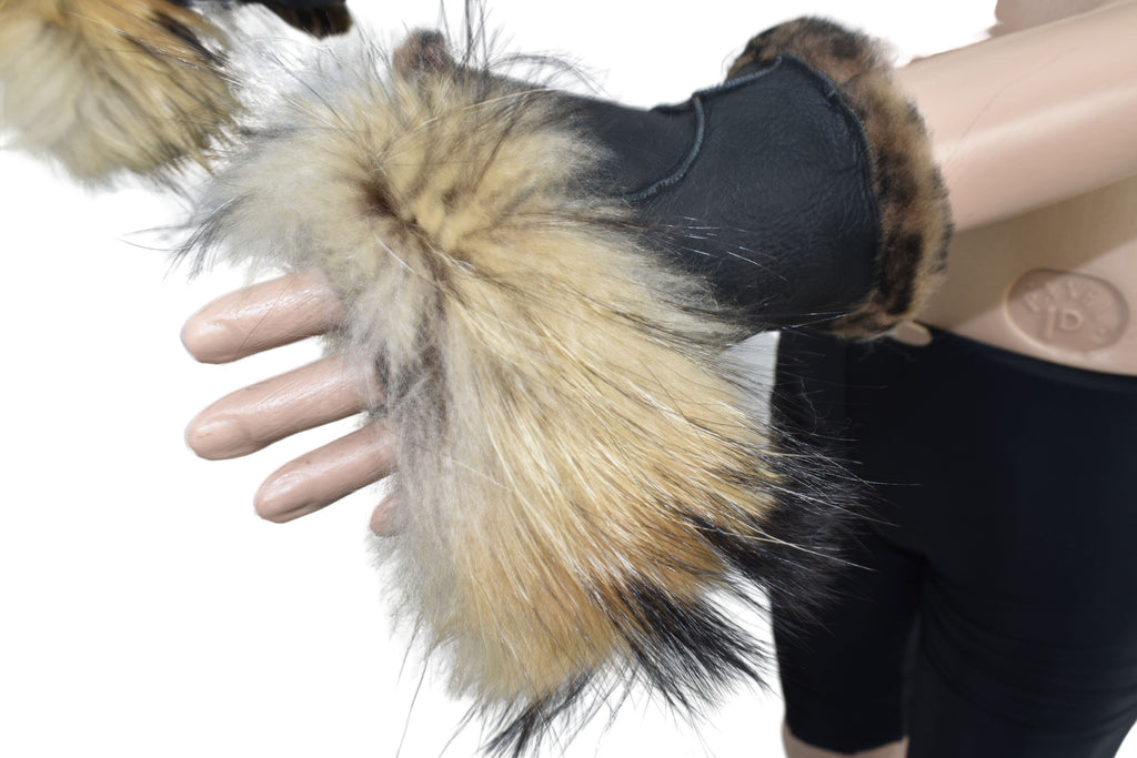 Fingerless  Sheepskin gloves,Shearlings gloves with fox fur, Sheepskin fur Gloves, leather gloves