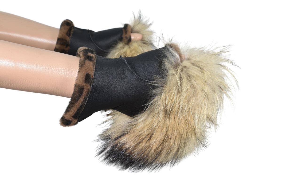 Fingerless  Sheepskin gloves,Shearlings gloves with fox fur, Sheepskin fur Gloves, leather gloves