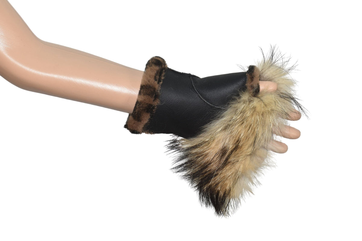 Fingerless  Sheepskin gloves,Shearlings gloves with fox fur, Sheepskin fur Gloves, leather gloves