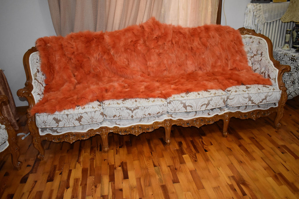 Luxurious Orange Fox Fur Throw Blanket: Velvet Lined