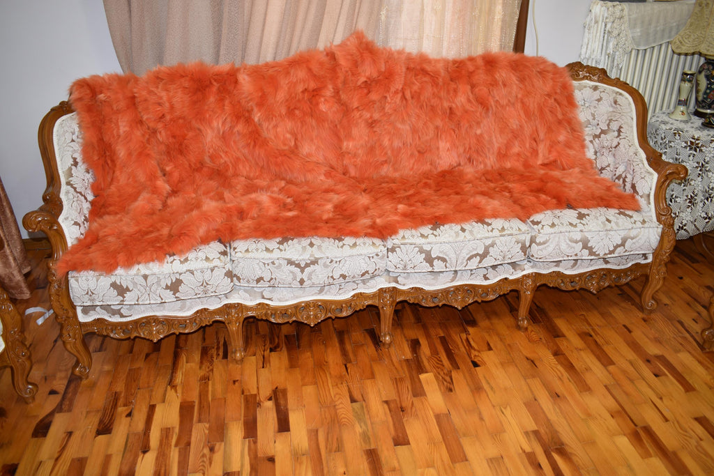 Luxurious Orange Fox Fur Throw Blanket: Velvet Lined