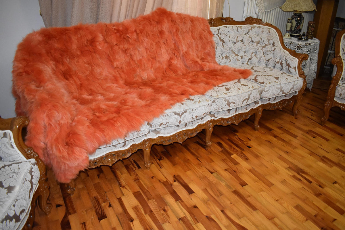 Luxurious Orange Fox Fur Throw Blanket: Velvet Lined