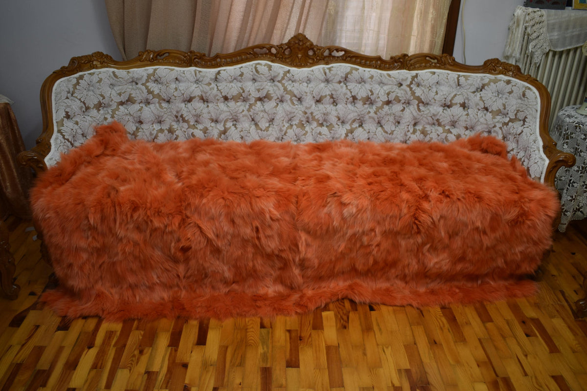 Luxurious Orange Fox Fur Throw Blanket: Velvet Lined