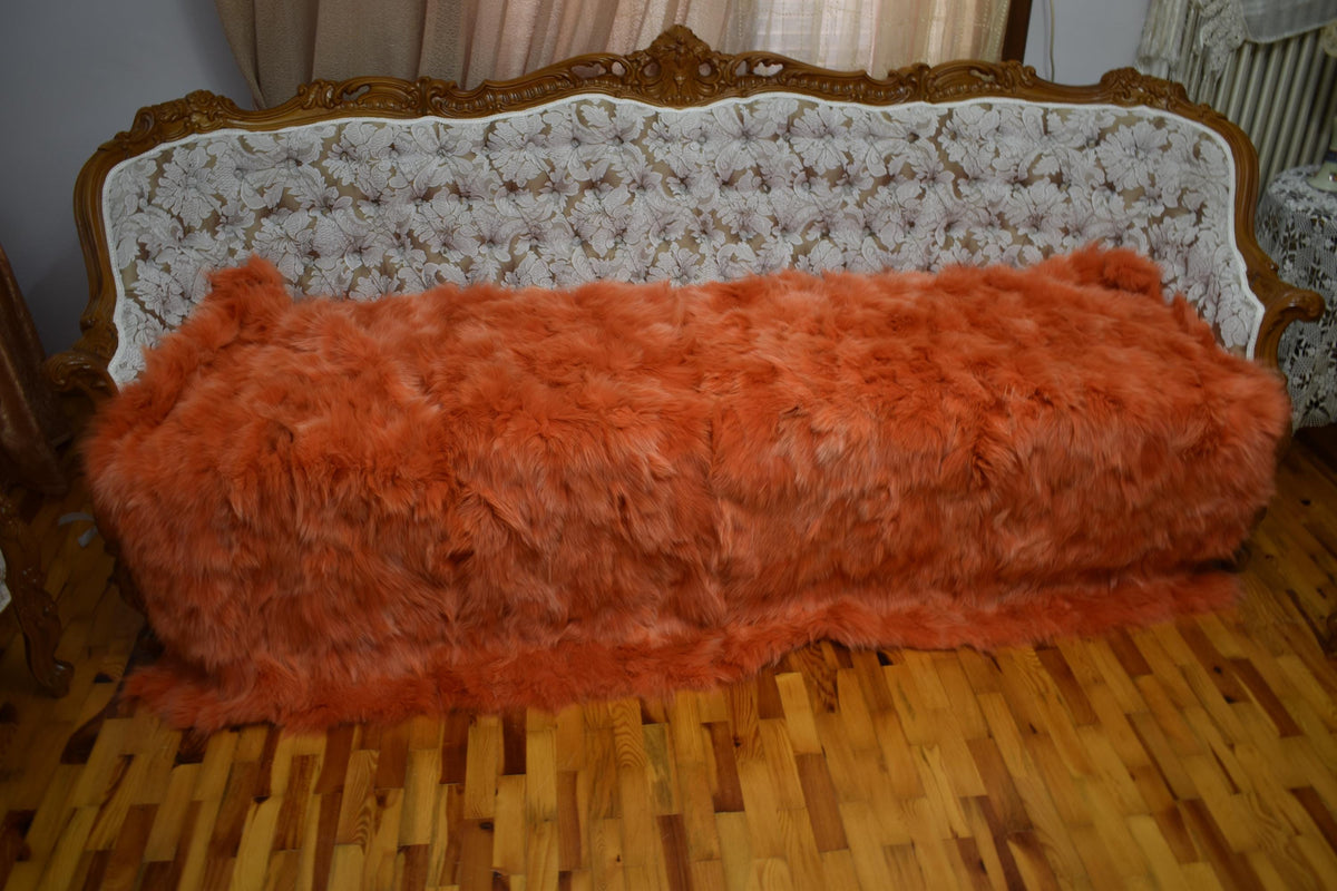 Luxurious Orange Fox Fur Throw Blanket: Velvet Lined
