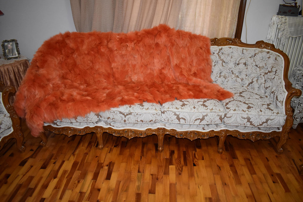 Luxurious Orange Fox Fur Throw Blanket: Velvet Lined