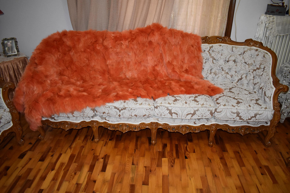Luxurious Orange Fox Fur Throw Blanket: Velvet Lined