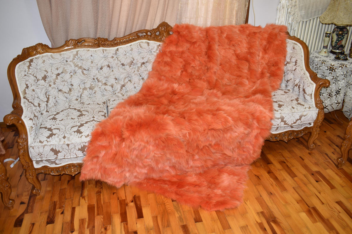 Luxurious Orange Fox Fur Throw Blanket: Velvet Lined