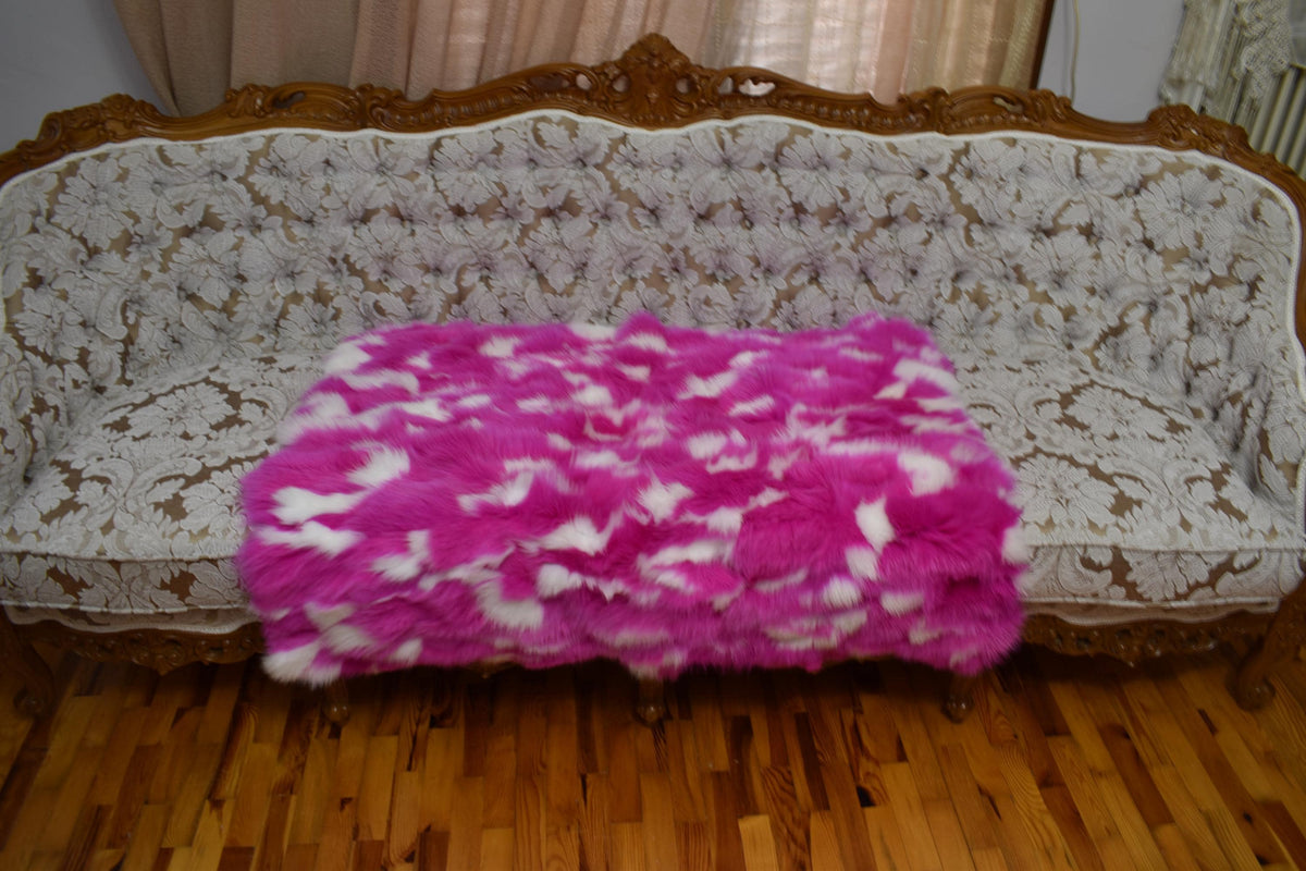 Luxurious Fox Fur Throw Blanket: Pink & White Fur Rug