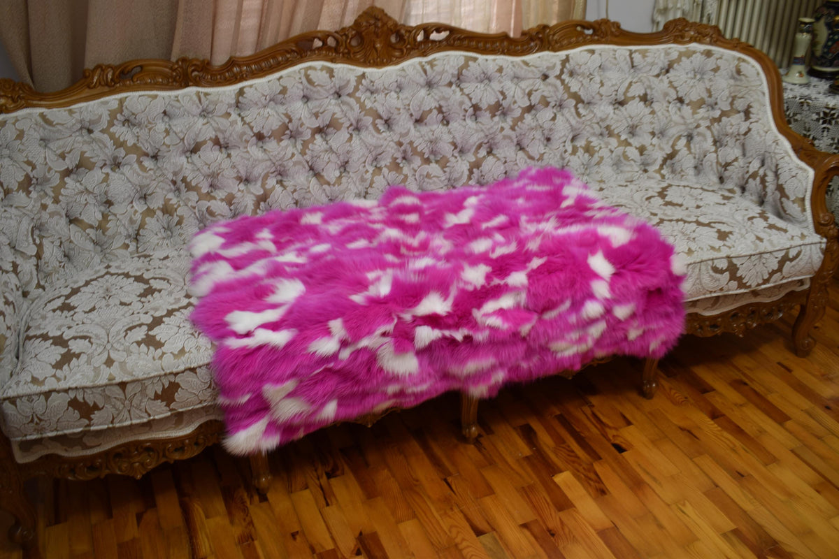 Luxurious Fox Fur Throw Blanket: Pink & White Fur Rug