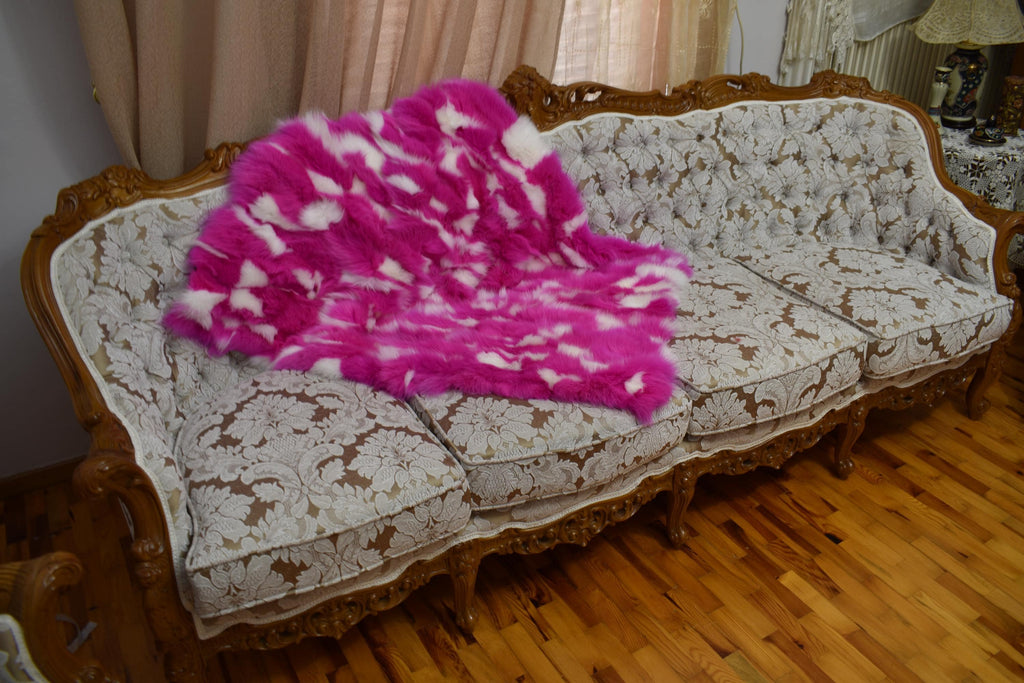 Luxurious Fox Fur Throw Blanket: Pink & White Fur Rug