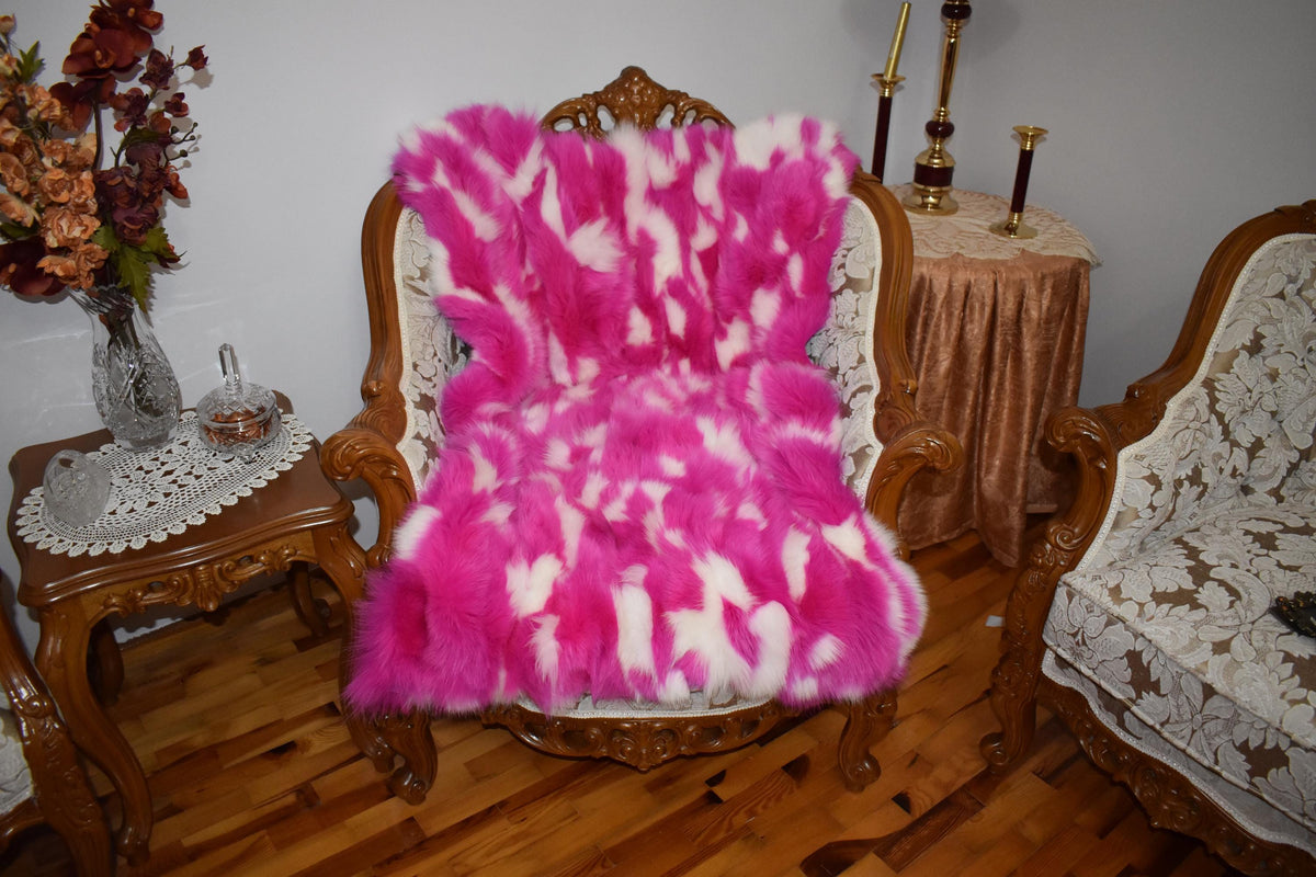 Luxurious Fox Fur Throw Blanket: Pink & White Fur Rug