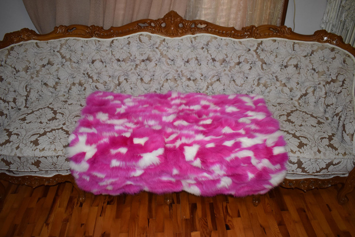 Luxurious Fox Fur Throw Blanket: Pink & White Fur Rug