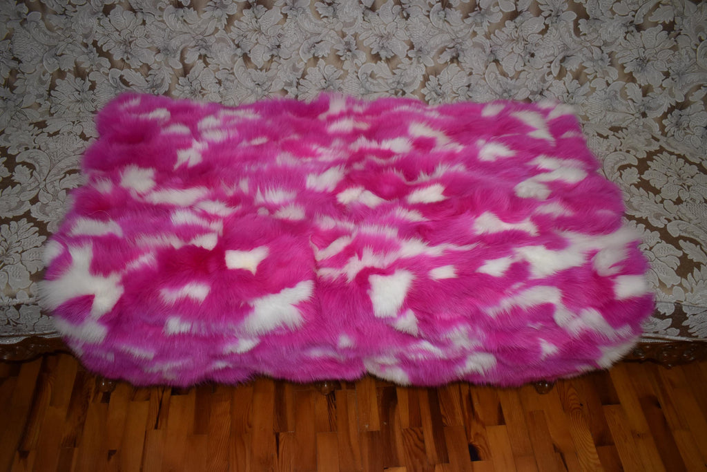 Luxurious Fox Fur Throw Blanket: Pink & White Fur Rug