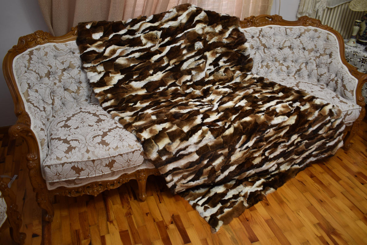 Luxurious Rex Rabbit Fur Throw Blanket - Velvet Lined