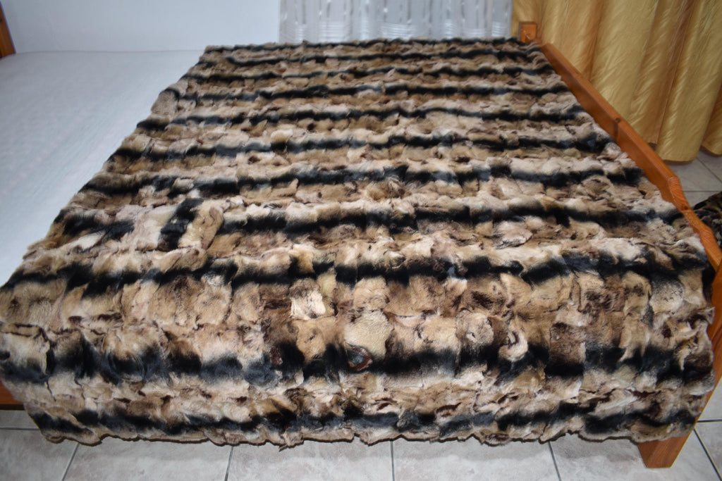 Luxury Rex Rabbit Fur Blanket: Warm Beige Brown Throw