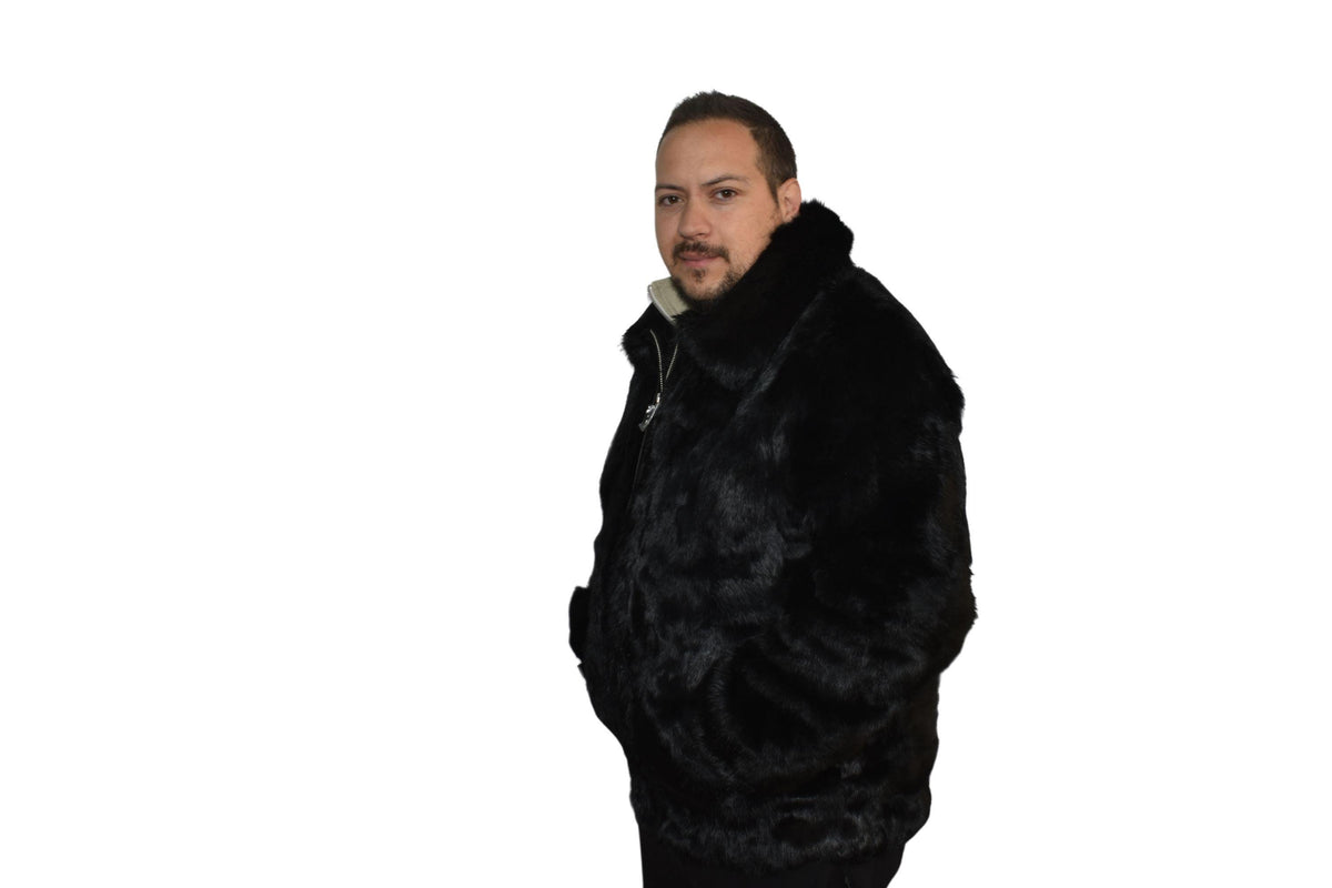 Men's Handmade Black Rabbit Fur Bomber Jacket