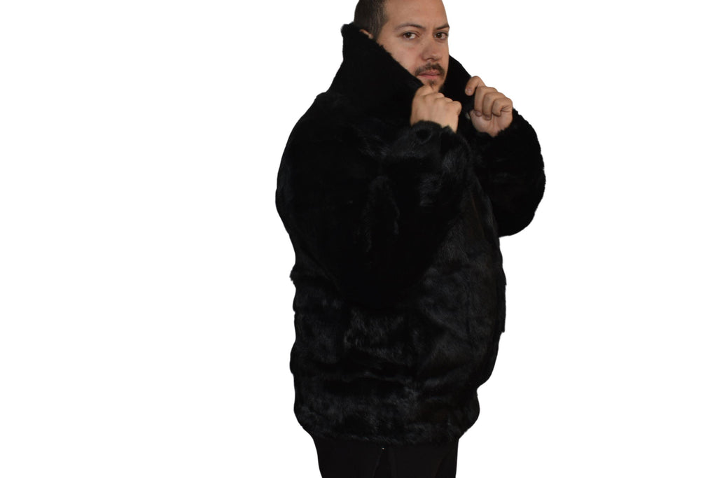 Men's Handmade Black Rabbit Fur Bomber Jacket