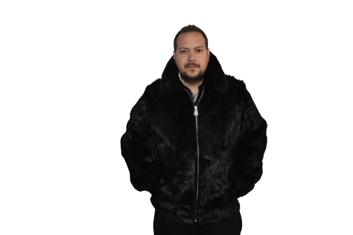 Men's Handmade Black Rabbit Fur Bomber Jacket