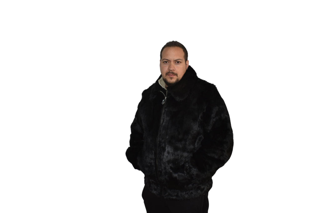 Men's Handmade Black Rabbit Fur Bomber Jacket