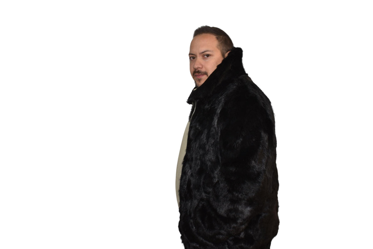 Men's Handmade Black Rabbit Fur Bomber Jacket