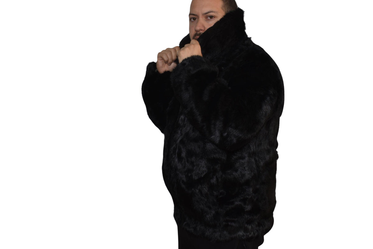 Men's Handmade Black Rabbit Fur Bomber Jacket