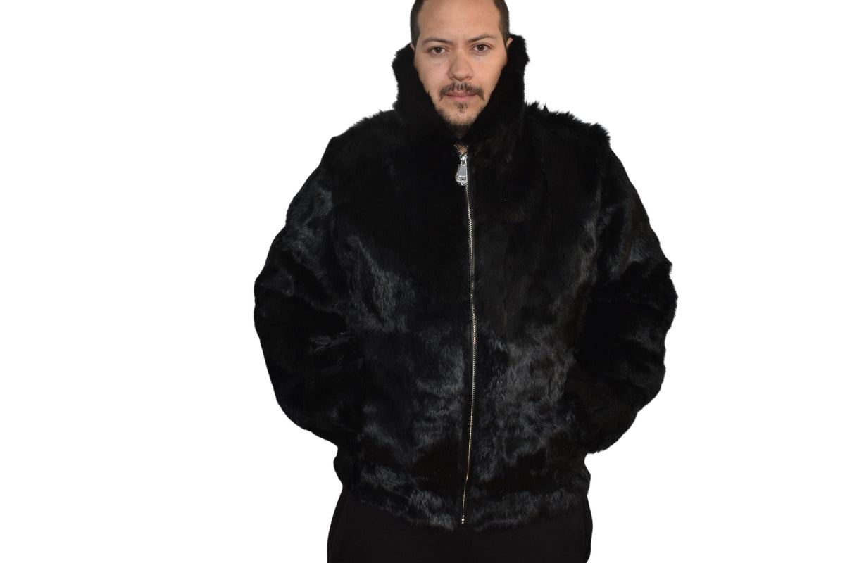 Men's Handmade Black Rabbit Fur Bomber Jacket