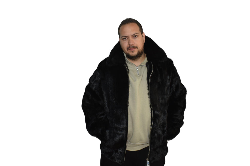 Men's Handmade Black Rabbit Fur Bomber Jacket