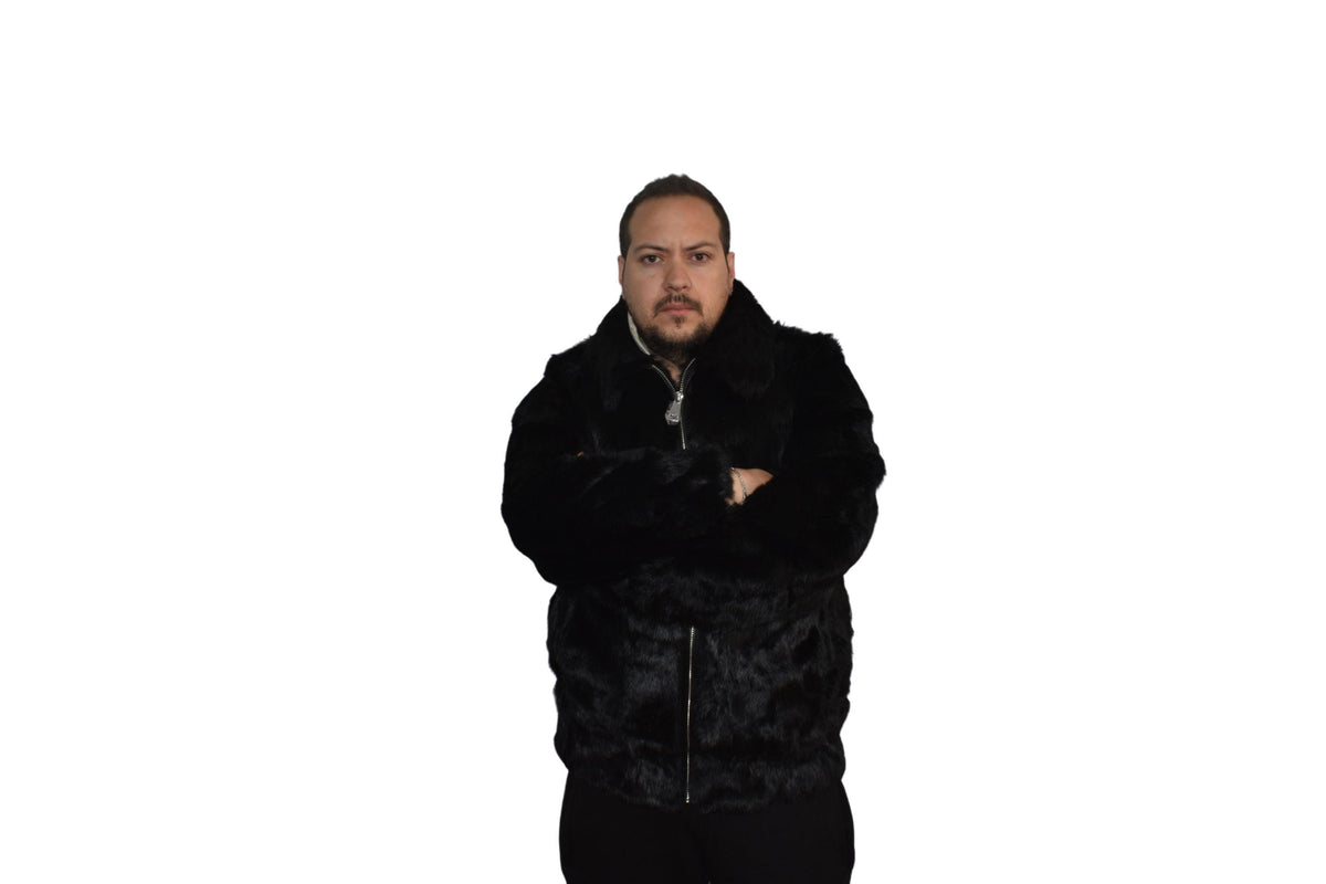 Men's Handmade Black Rabbit Fur Bomber Jacket