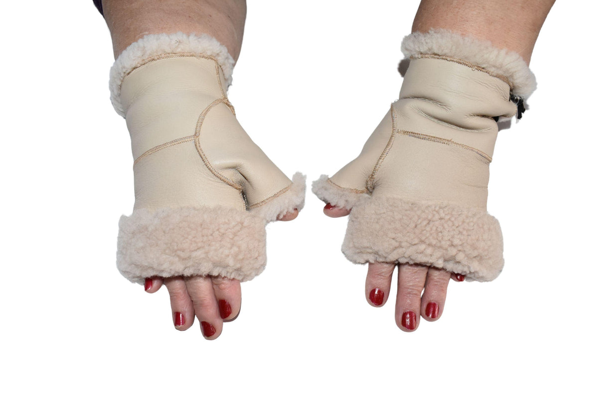 Shearling Fingerless Gloves: Handmade Sheepskin Leather Unisex Winter Gloves
